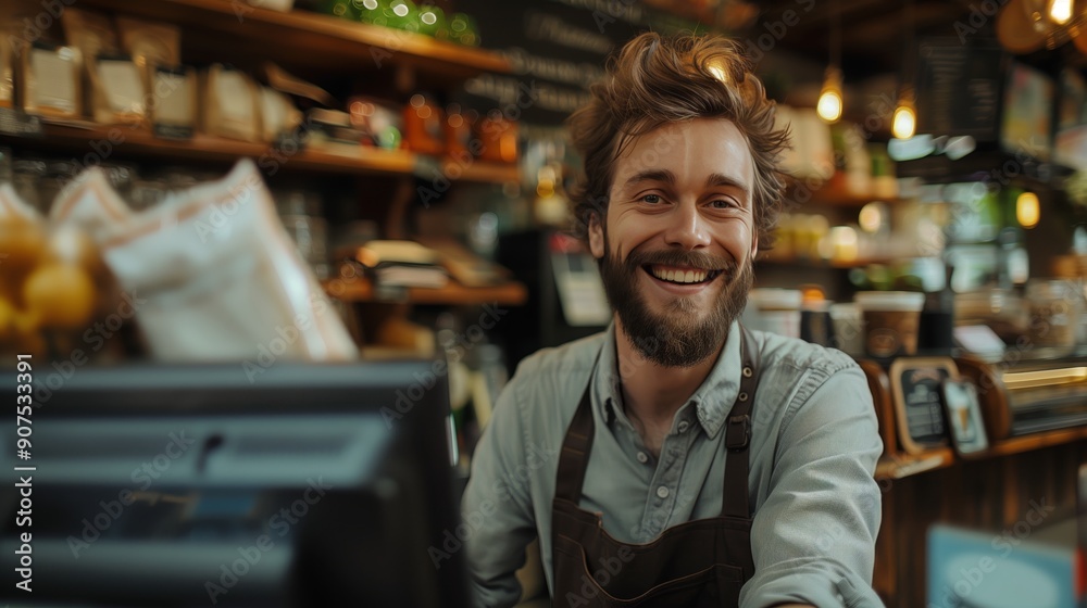 Happy bearded man working at the cash register in a coffee shop, smiling and looking at the camera on a computer screen, wearing an apron Happy bearded man working at the cash register in a coffee shop, smiling and looking at the camera on a computer screen, wearing an apron