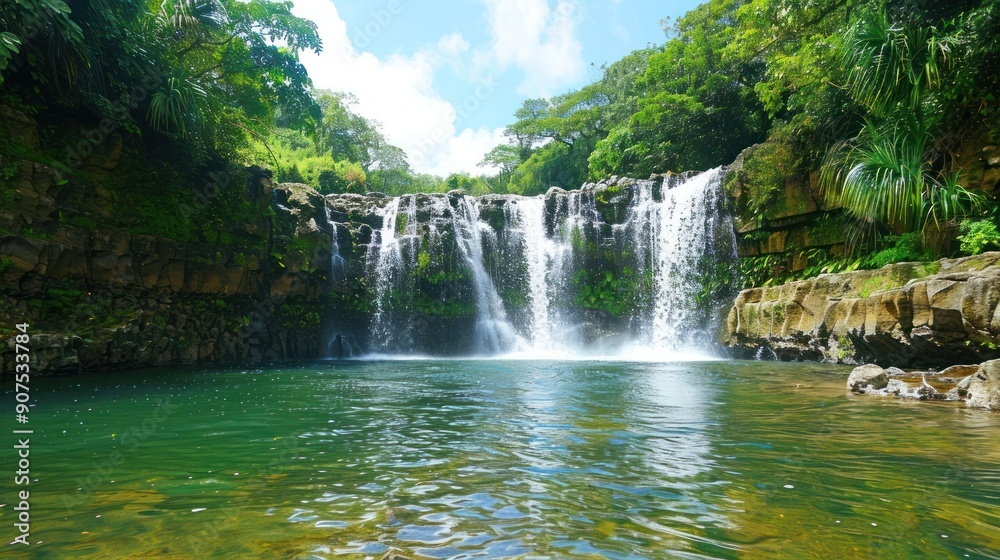 Obraz premium Tranquil Waterfall in Lush Tropical Rainforest.