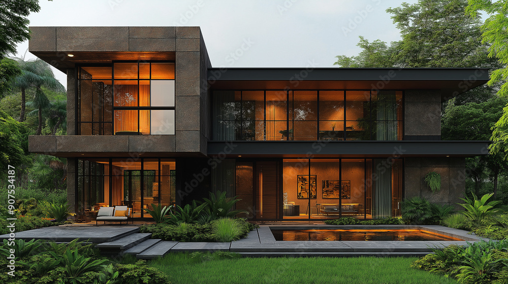 modern house with two floors, facade made of wood and stone, glass windows on the first floor, entrance door in front of it, terrace behind it, landscape design around the yard, view from outside the modern house with two floors, facade made of wood and stone, glass windows on the first floor, entrance door in front of it, terrace behind it, landscape design around the yard, view from outside the