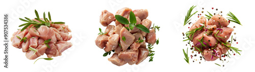 Raw diced chicken breast with herbs isolated on a transparent background