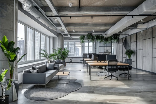 Gray and beige open space office interior, Generative AI