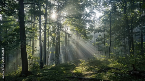 As morning breaks, a gentle breeze flows through a peaceful forest, carrying the fresh scent of pine and the sounds of awakening wildlife.