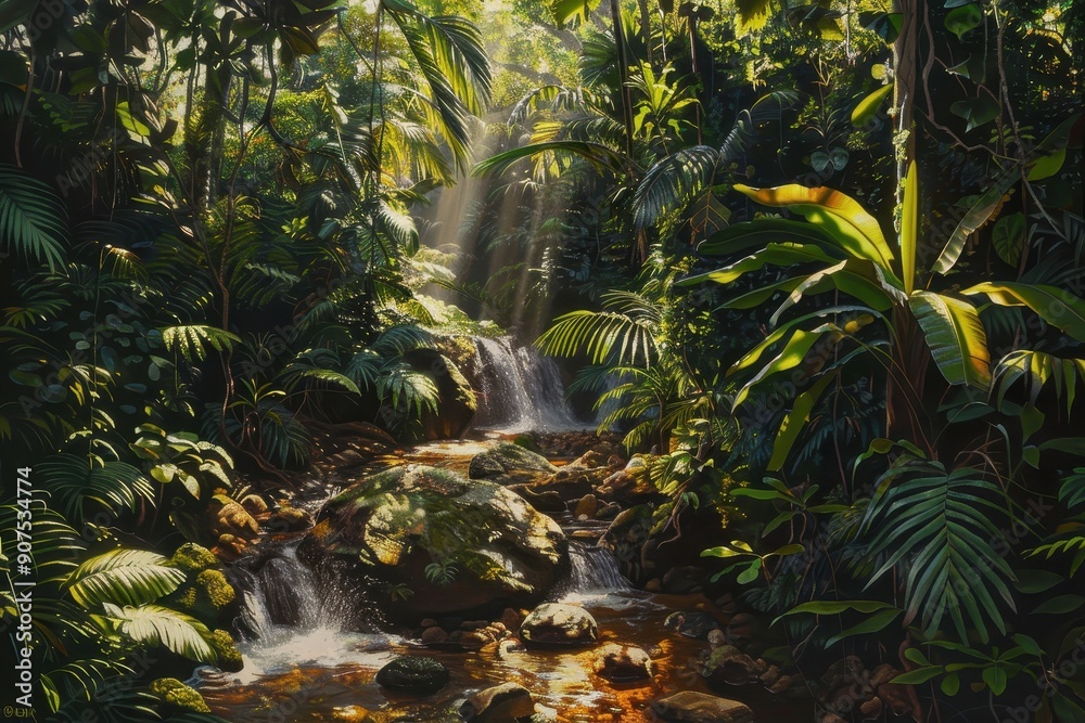Fototapeta premium Sunbeams Illuminating a Lush Rainforest Stream