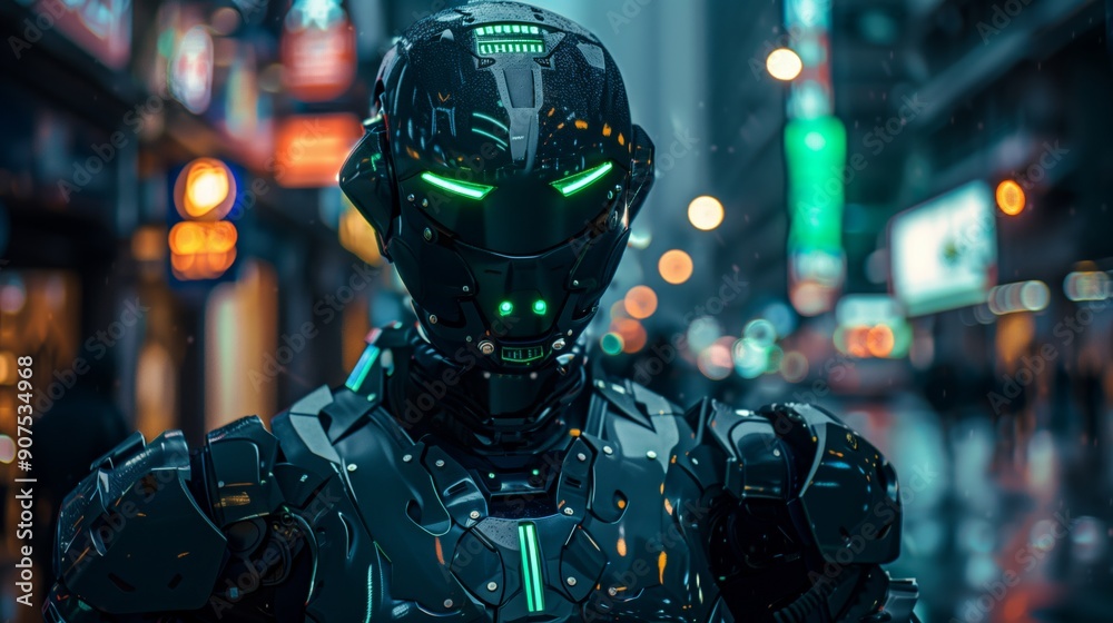 A futuristic soldier with green glowing eyes wearing black and silver armor, in the city streets at night A futuristic soldier with green glowing eyes wearing black and silver armor, in the city streets at night