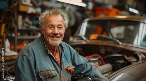 A happy mechanic in his workshop, smiling and standing next to the car