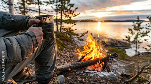 A campfire by the water with someone sitting next to it