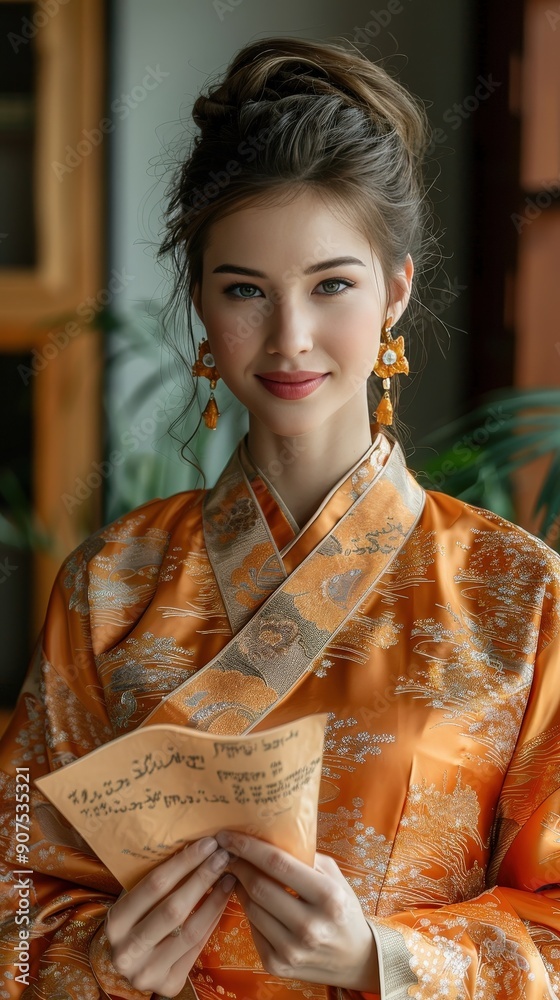 Photography of people in traditional attire handling store deal invoices, long shot, vibrant colors, minimalist style Photography of people in traditional attire handling store deal invoices, long shot, vibrant colors, minimalist style