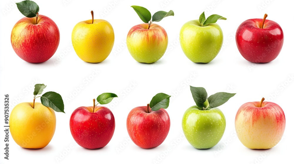 set of different kinds of colored apples fruit, on white background set of different kinds of colored apples fruit, on white background