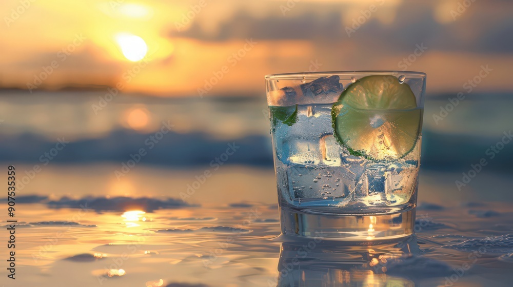 At sunset, a cocktail with ice and lime creates a beautiful scene on a table. At sunset, a cocktail with ice and lime creates a beautiful scene on a table.