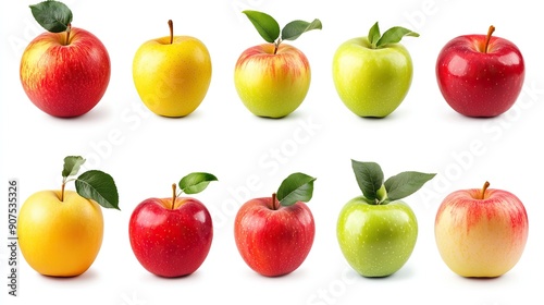 set of different kinds of colored apples fruit, on white background