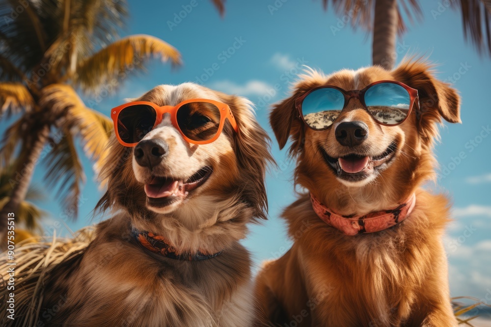 Funny Travel Vacation Beach Holidays Concept. Humorous image of two Beagle dogs wearing sunglasses and swimwear on beach with palm trees. Made with Generative AI Technology, perfected in Photoshop. Funny Travel Vacation Beach Holidays Concept. Humorous image of two Beagle dogs wearing sunglasses and swimwear on beach with palm trees. Made with Generative AI Technology, perfected in Photoshop.