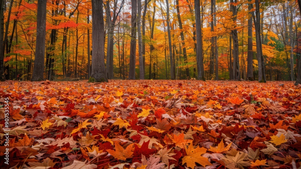 Autumn leaves form a vibrant carpet under majestic trees, blending warmth into the forest background Autumn leaves form a vibrant carpet under majestic trees, blending warmth into the forest background