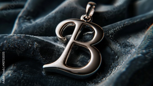 Silver Letter B Pendant on Blue Velvet Fabric photo