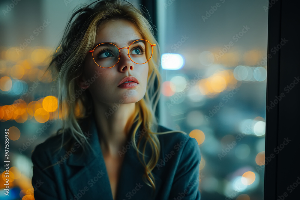 Young Businesswoman Standing Near Window in a Company Office in the Evening. Young Businesswoman Standing Near Window in a Company Office in the Evening.