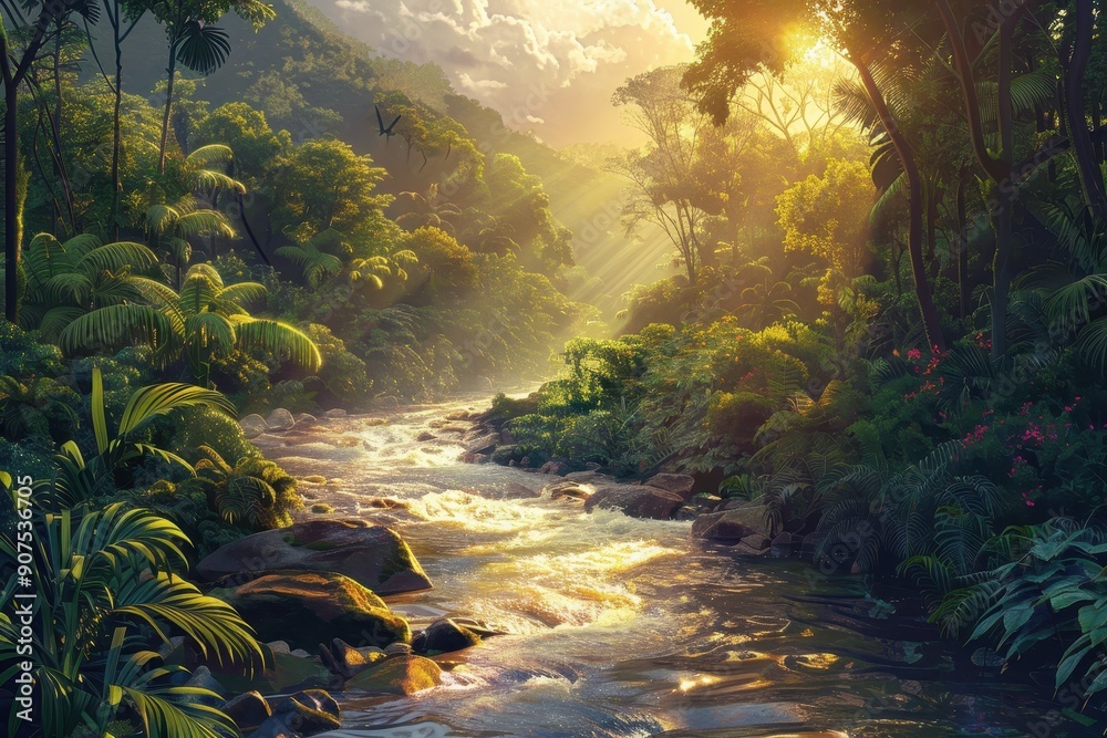Sunlit River Flowing Through Lush Green Jungle Sunlit River Flowing Through Lush Green Jungle