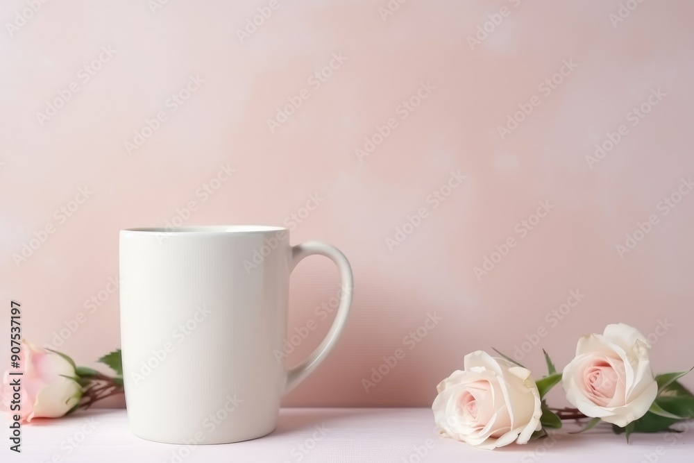 white coffee mugs with heart designs and roses on pink backgrounds.