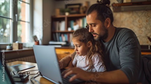 Father working from home on a laptop while caring for his young daughter, blending business and family life during quarantine, representing the freelancer lifestyle and remote work in a modern home