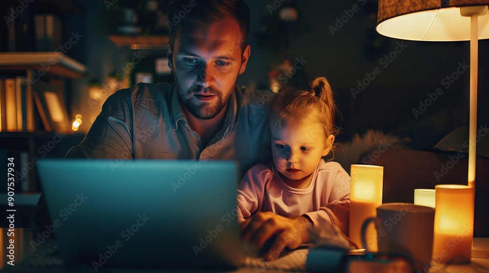 Father working from home on a laptop while caring for his young daughter, blending business and family life during quarantine, representing the freelancer lifestyle and remote work in a modern home Father working from home on a laptop while caring for his young daughter, blending business and family life during quarantine, representing the freelancer lifestyle and remote work in a modern home