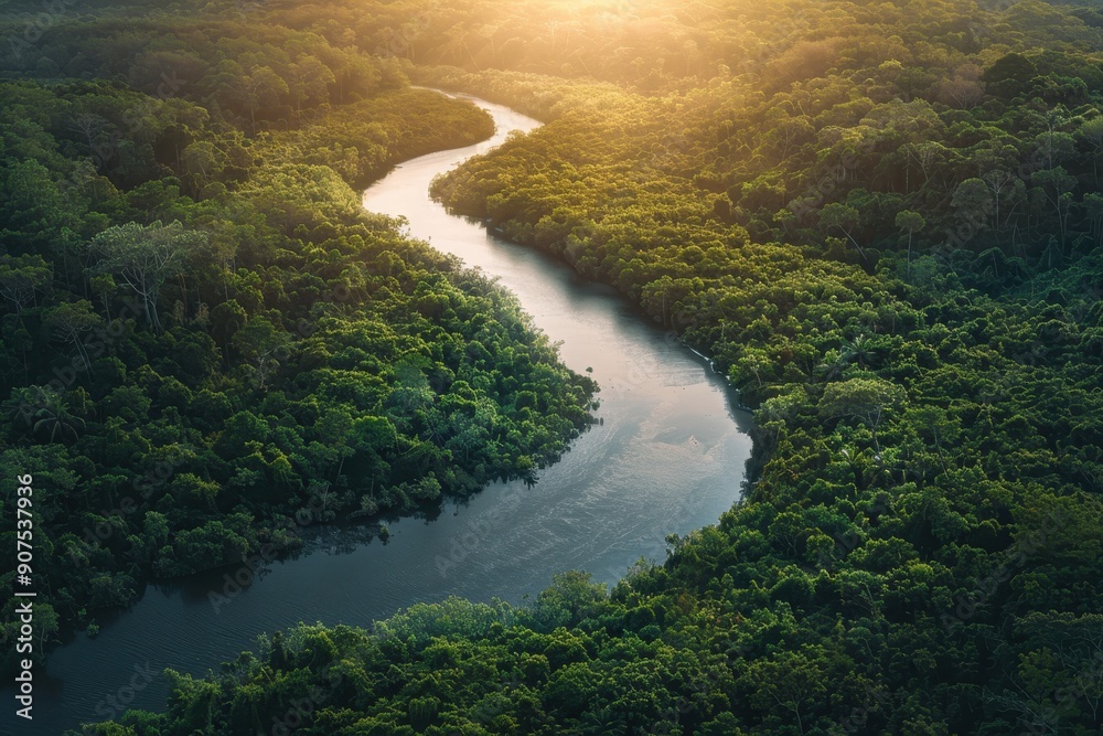 Aerial View of a Winding River Through Lush Green Rainforest Canopy Aerial View of a Winding River Through Lush Green Rainforest Canopy