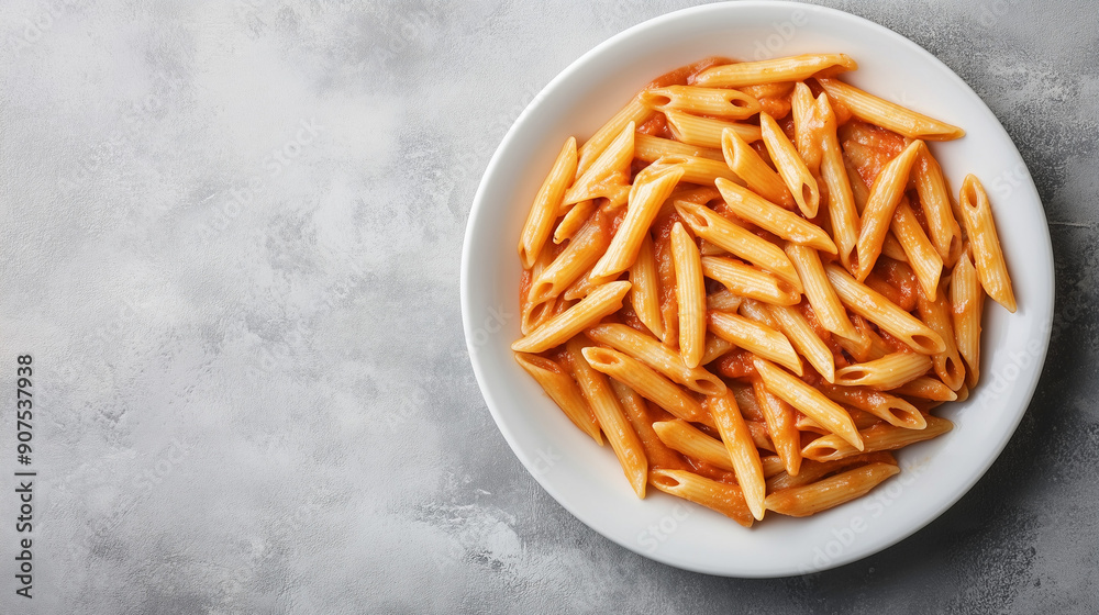 Top view of penne in red sauce, served on a white plate, contrasting with a light grey concrete background. Top view of penne in red sauce, served on a white plate, contrasting with a light grey concrete background.