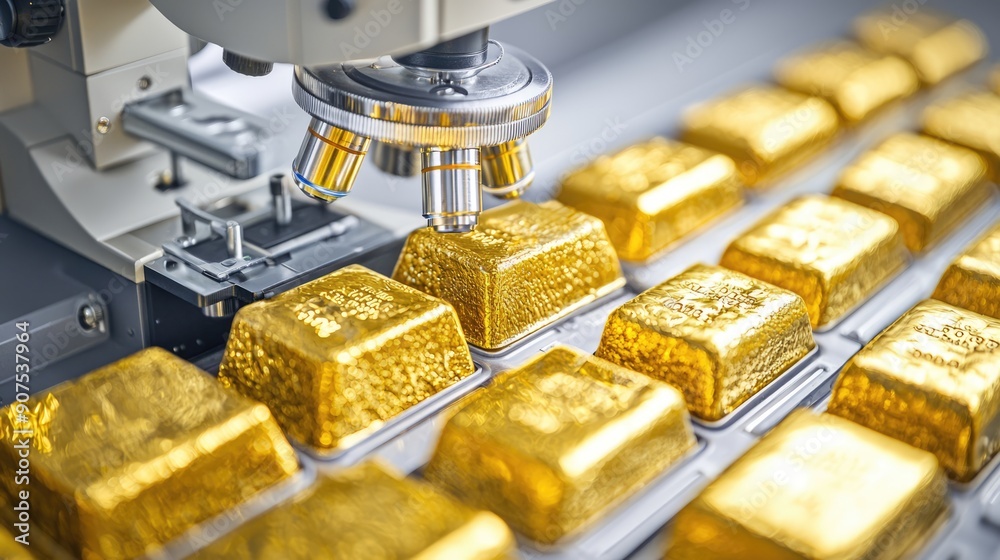 Precise Examination of Gold Bars Under Microscope Revealing Purity Details, Generative Ai Precise Examination of Gold Bars Under Microscope Revealing Purity Details, Generative Ai