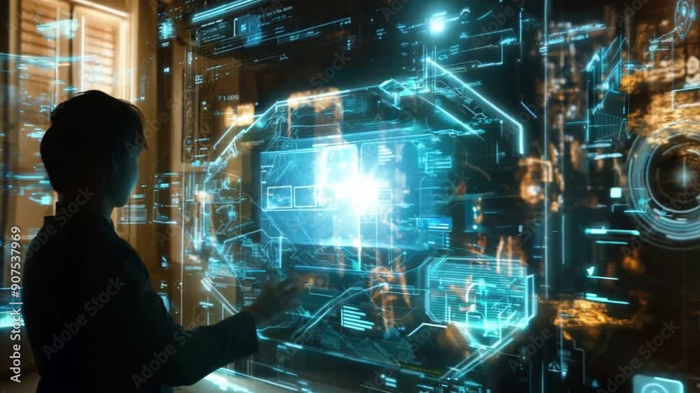 A scene of an architect using holographic tech to plan and design innovative building structures. A scene of an architect using holographic tech to plan and design innovative building structures.
