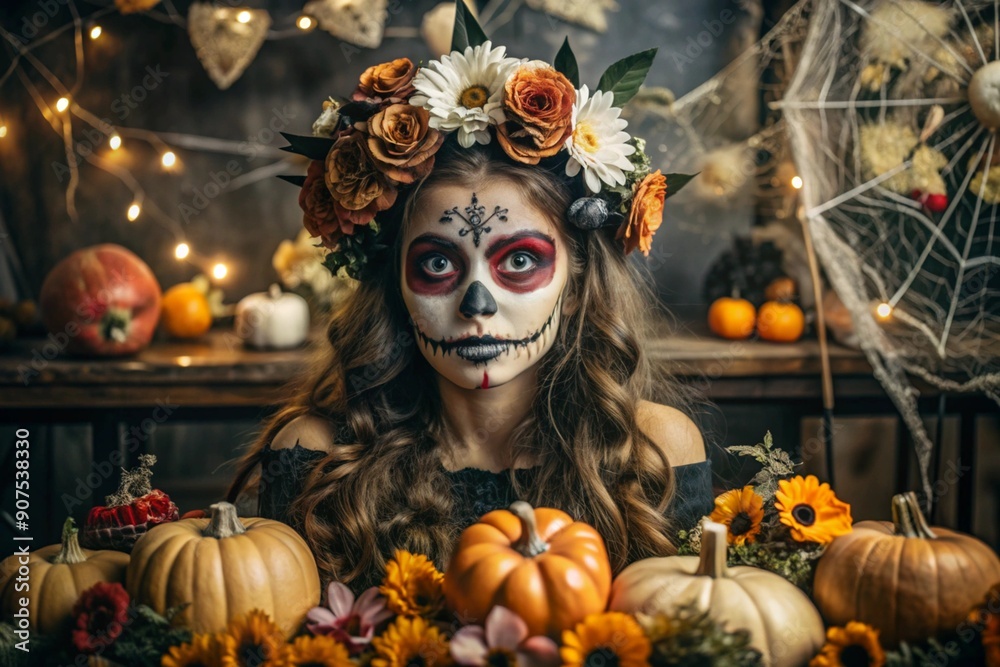 The concept of the Halloween holiday. Horror. A costume party. A beautiful woman with a painted skull on her face and flowers on her head. Banner, postcard.
