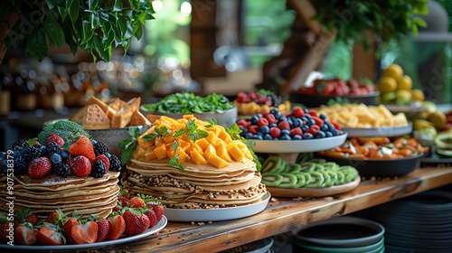 Vegan Brunch Buffet Setup Buffet setup with a variety of vegan brunch options such as pancakes, tofu scramble, and fresh fruit platters, perfect for brunchthemed designs photo