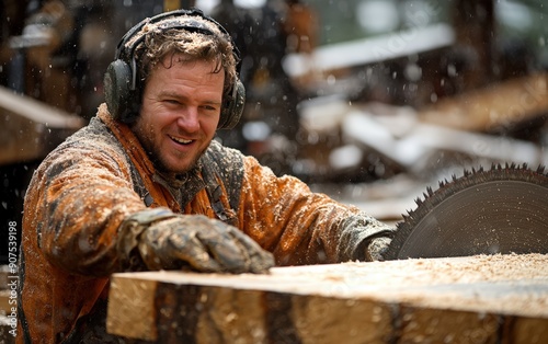 Lumberjack Working with Circular Saw in the Mill