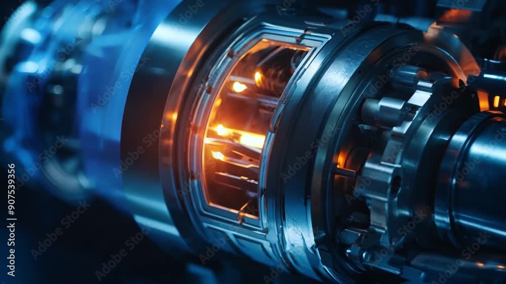 Glowing futuristic engine running with lights closeup. Glowing futuristic engine running with lights closeup.