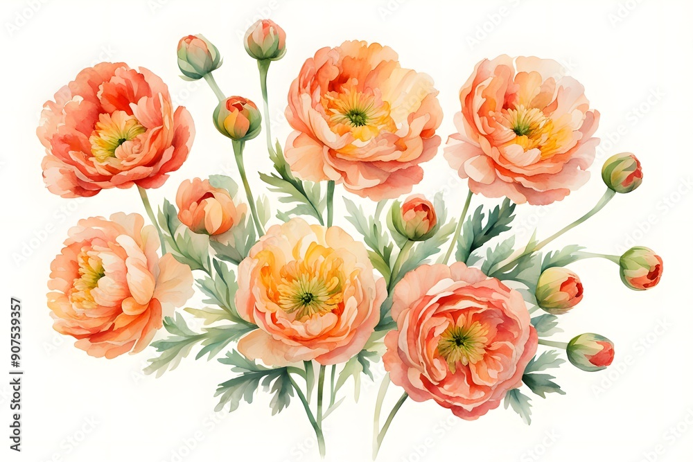 Watercolor persian buttercup flowers white background, AI Generated Watercolor persian buttercup flowers white background, AI Generated
