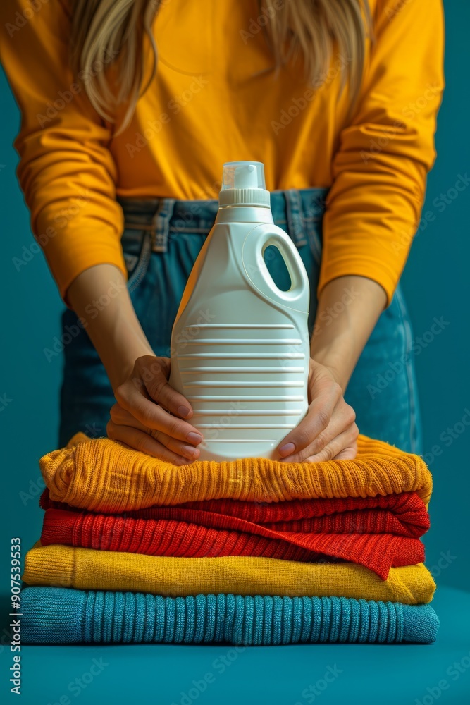 Fototapeta premium editorial studio light shot of a white laundry detergent bottle, next to it there's hands of a woman placing a folded shirt on folded colorful clothes, magazine style, minimal blue background