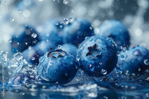 Dynamic close-up of fresh blueberries with water splashing around them, emphasizing their freshness and vibrant color.