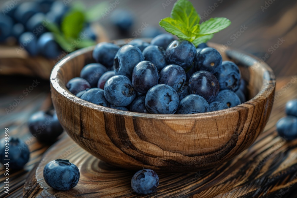 Fresh blueberries in rustic wooden bowls, garnished with mint leaves, set on a wooden table, emphasizing a natural and wholesome look. Fresh blueberries in rustic wooden bowls, garnished with mint leaves, set on a wooden table, emphasizing a natural and wholesome look.