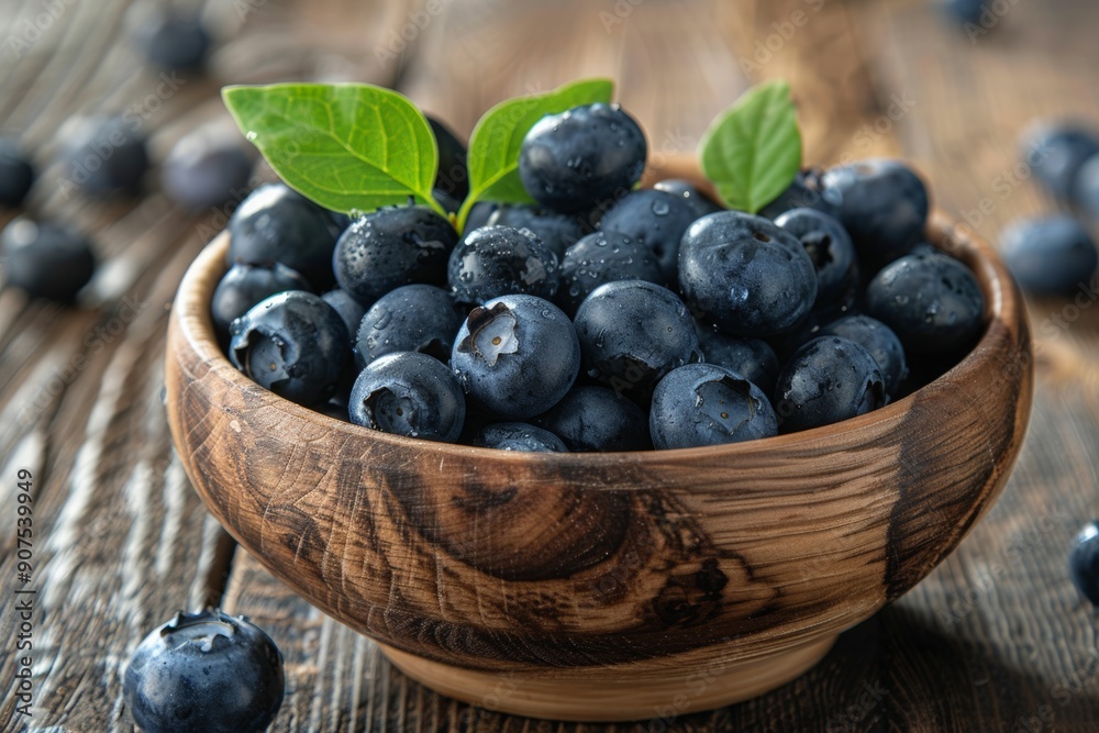 Fresh blueberries in rustic wooden bowls, garnished with mint leaves, set on a wooden table, emphasizing a natural and wholesome look. Fresh blueberries in rustic wooden bowls, garnished with mint leaves, set on a wooden table, emphasizing a natural and wholesome look.