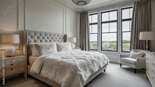 A serene bedroom with a plush king-sized bed, fluffy white bedding, bedside tables with lamps, and large windows with blackout curtains., photo, cinematic, architecture photo