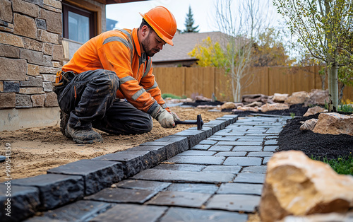 Construction worker laying paving stones in a garden