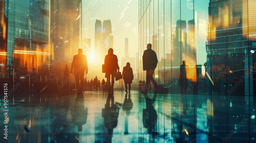 Obraz premium Business people silhouettes in city, partnership, Generative AI