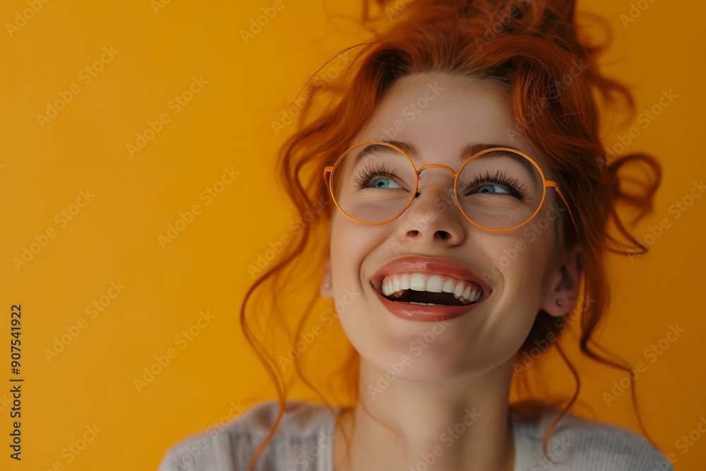 Close-up of a joyful redhead woman with a big smile, against a vibrant orange background, showcasing her happiness and cheerful personality. Close-up of a joyful redhead woman with a big smile, against a vibrant orange background, showcasing her happiness and cheerful personality.