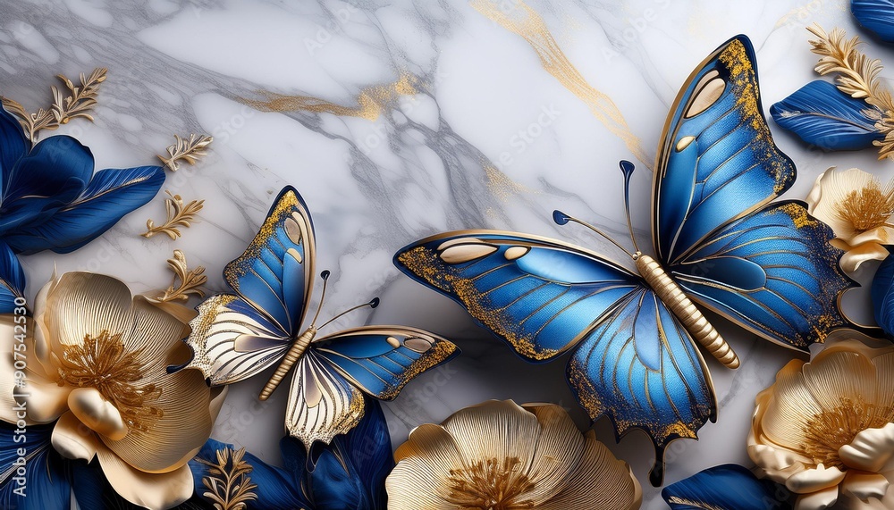 Marble Background with Graceful Blue Butterflies and Golden Floral Accents Marble Background with Graceful Blue Butterflies and Golden Floral Accents