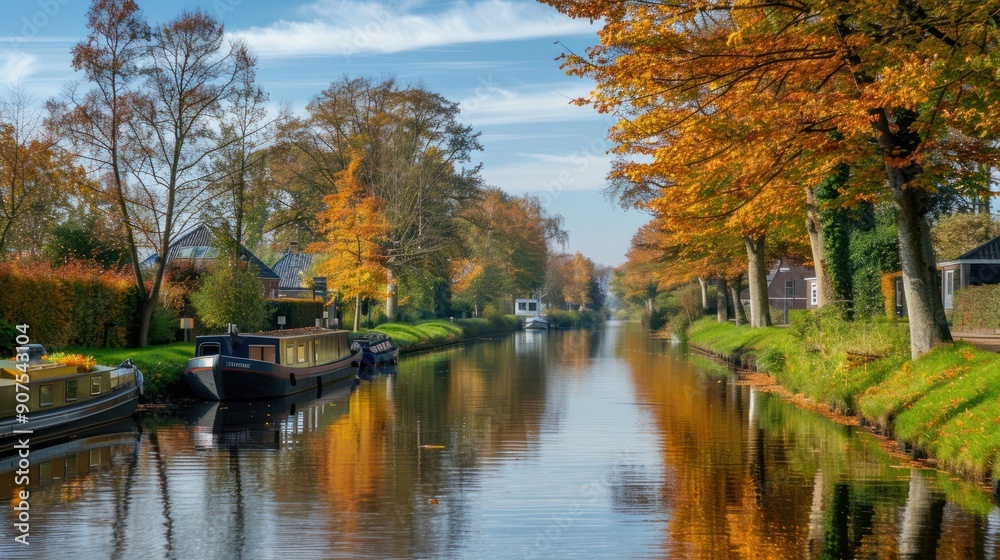 Tranquil Canal with Autumn Trees and Boats. Tranquil Canal with Autumn Trees and Boats.