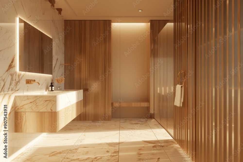 Modern bathroom with marble fixtures, light brown wood paneling, and an empty white wall on the left, light background, mockup concept. 3D Rendering, Generative AI Modern bathroom with marble fixtures, light brown wood paneling, and an empty white wall on the left, light background, mockup concept. 3D Rendering, Generative AI