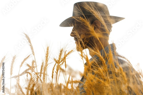 Farmer wearing hat standing in ripe wheat field at sunset