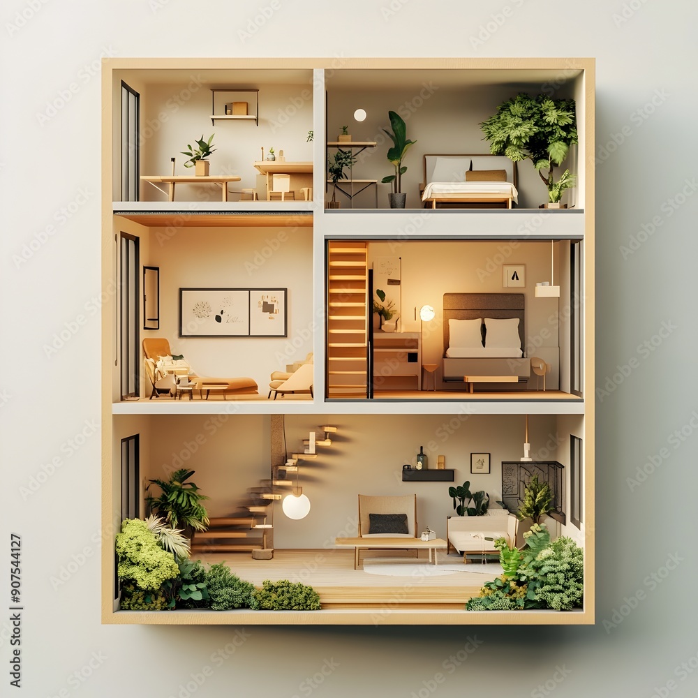 Cozy Paper Cut Home Mockup with Warm Natural Lighting and Calming Color Palette in a Serene Minimalist Interior Setting Cozy Paper Cut Home Mockup with Warm Natural Lighting and Calming Color Palette in a Serene Minimalist Interior Setting