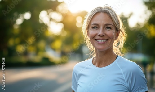 Happy smiling woman in her 40s or 50s wearing white shirt standing at starting line of run doing outdoor sports on sunny day, Generative AI