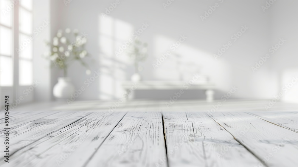 A clean, white wooden table or floor with a blurred, white background, illuminated by window light. Perfect for modern interior design concepts and elegant presentation templates.