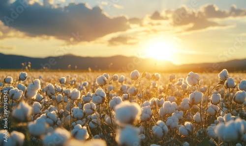 Scenic view of a cotton field with sun light, Generative AI