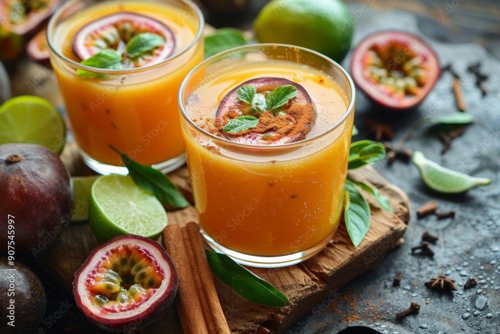 A glass of passion fruit juice garnished with lime slices and surrounded by fresh passion fruits and spices on a rustic wooden table. A glass of passion fruit juice garnished with lime slices and surrounded by fresh passion fruits and spices on a rustic wooden table.