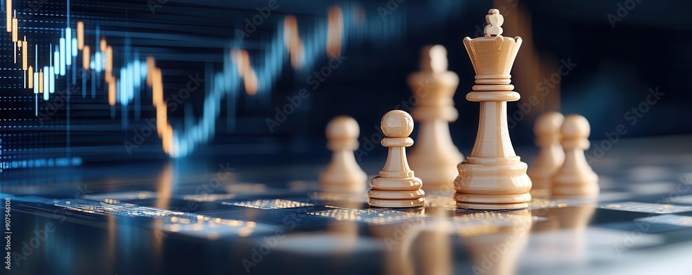 Chess pieces in front of a stock market chart, symbolizing strategy and financial success. Chess pieces in front of a stock market chart, symbolizing strategy and financial success.