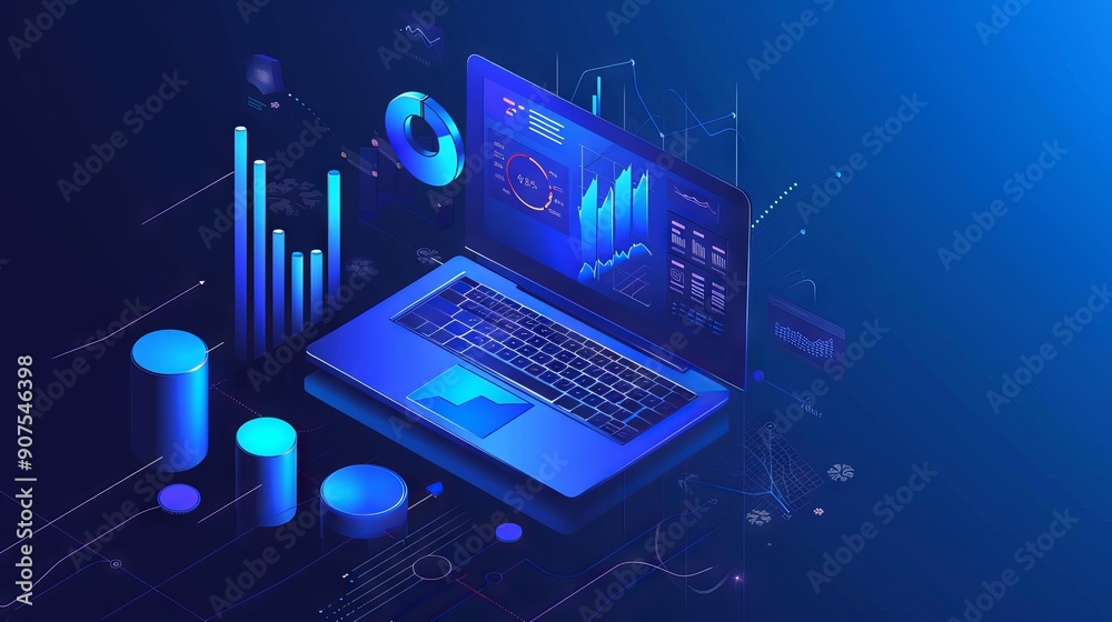 Growth strategy and financial goal analysis with 3d laptop displaying business charts and graphs on blue banner for financial management, audit, business development, and digital marketing concepts Growth strategy and financial goal analysis with 3d laptop displaying business charts and graphs on blue banner for financial management, audit, business development, and digital marketing concepts